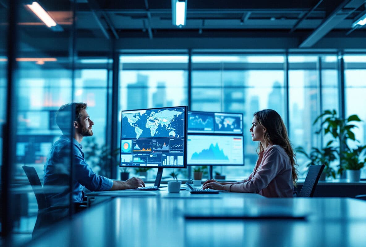 Two colleagues reviewing data together in an operations room