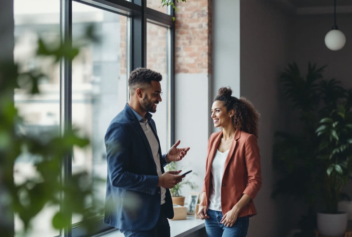 Office coworkers in conversation by a window