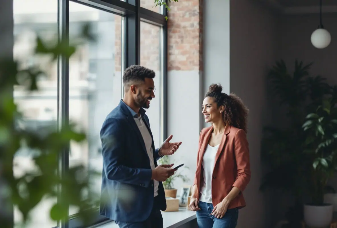 Office coworkers in conversation by a window